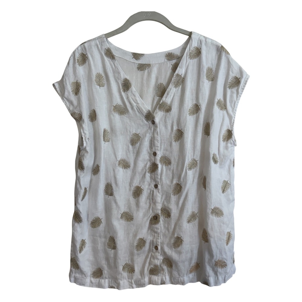 Embroidered‎ Linen Blouse Women M White Palm Leaf Button Up Casual Summer